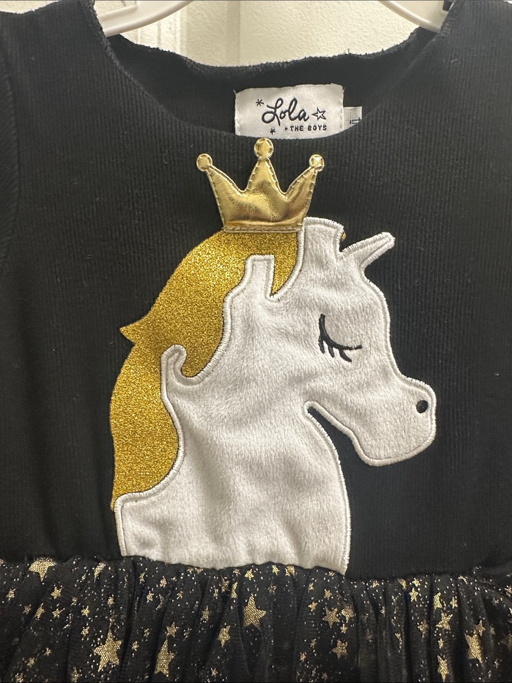 Lola and the Boys 4T Girls Black Unicorn Tulle Dress with Gold Stars - Picture 3 of 5